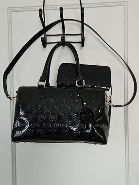 LANY Black Patent Large Satchel Handbag and Matching Wallet/ Wristlet